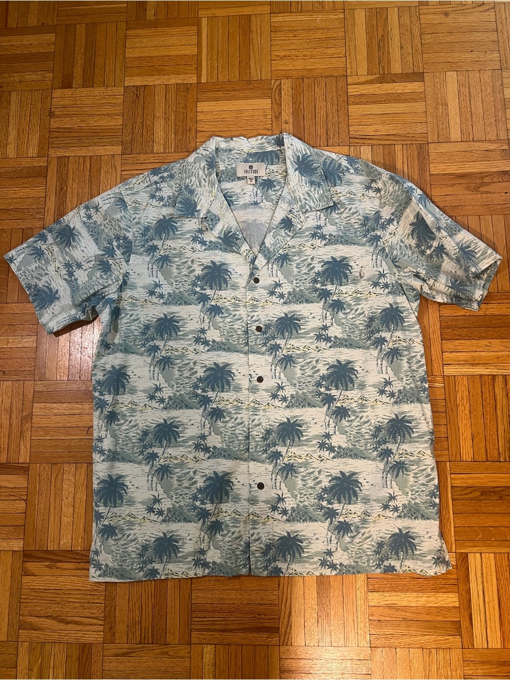 Vacation Mode Solitude Blue Palm-Print Short-Sleeve Button-Down Shirt Size XL